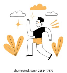 Fun cute line doodle character running very fast. Training outdoor. Minimalistic flat person do sport. 