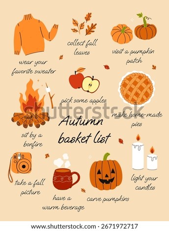 Fun and cute list of autumn activities and to-do's Vector graphics.