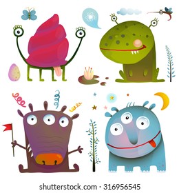 Fun Cute Little Monsters for Kids Design Colorful Collection. Big set of hand drawn black and white outline literature covers illustration. 