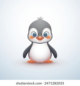 Pequeño pingüino divertido y lindo aislado en fondo claro. Ilustración vectorial con Gradientes y máscara de recorte.