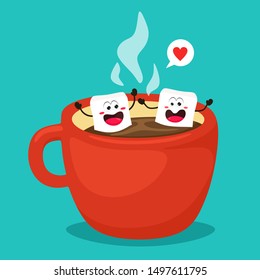 Fun And Cute Marshmallows In A Mug With Hot Chocolate. Vector Illustration In Cartoon Style.