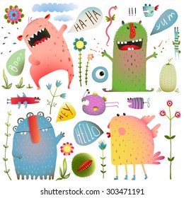 Fun Cute Monsters for Kids Design Colorful Collection with Flowers and Speech Bubbles. Bright imaginary characters design elements set isolated on white. EPS10 vector has no background color.