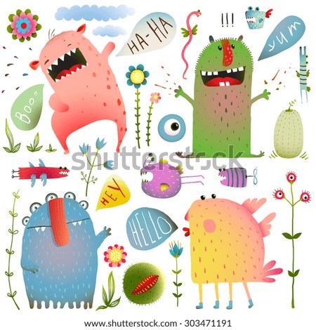 Fun Cute Monsters for Kids Design Colorful Collection with Flowers and Speech Bubbles. Bright imaginary characters design elements set isolated on white. EPS10 vector has no background color.