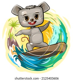 Fun cute Mouse goes in for sports on the water. Surf tube. Summer vacation in tropic ocean. Adventure and travel on wave. Isolated on white background. Cartoon style. Vector.