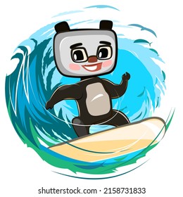 Fun cute panda Bear goes in for sports on the water. Summer vacation in tropic ocean. Adventure and travel on wave. Surf sports. Isolated on white background. Cartoon style. Vector.