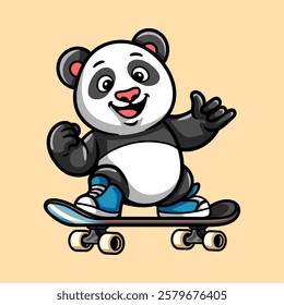 fun cute panda skate board cartoon colored character isolated drawing line style sketch classic vintage design illustration