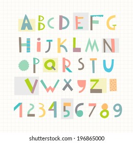 Fun and cute paper cut alphabet and figures. Isolated. Vector