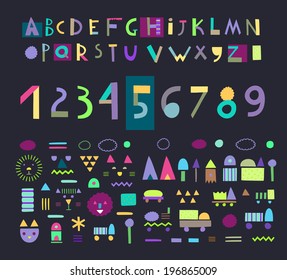 Fun and cute paper cut alphabet and figures. Isolated. Vector