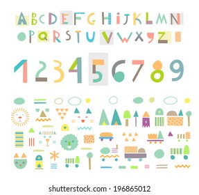 Fun and cute paper cut alphabet and figures. Isolated. Vector