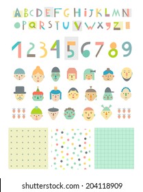 Fun and cute paper cut alphabet and figures, different funny faces plus three seamless patterns. Isolated. Vector