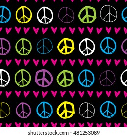 Fun and Cute Peace Sign & Hearts Seamless Repeat Background - Neon Colour Palette