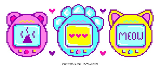 Fun cute pixel art toy. Old 90s, 2000s throwback old school memories aesthetic. Retro kawaii 8-bit game. Frames for text, slogan, speech bubble y2k pink palette.