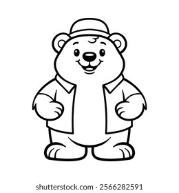 fun cute polar bear with clothes and hat in vacation cartoon character isolated drawing line art style sketch classic vintage design illustration