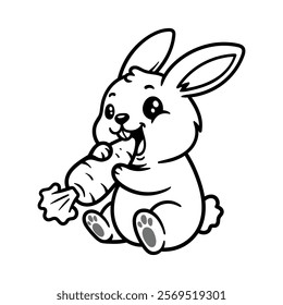 fun cute rabbit eating carrot cartoon character isolated drawing line style sketch classic vintage design illustration