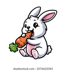 fun cute rabbit eating carrot cartoon colored character isolated drawing line style sketch classic vintage design illustration