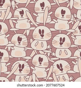 Fun and cute rabbit illustration in pink colors and dark blush background for fabric, wrapping, textile, wallpaper, apparel, home decor. Seamless one directional vector pattern with adorable bunnies.
