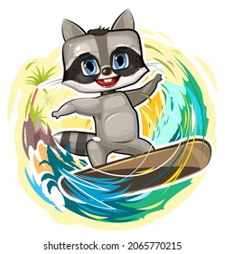 Fun cute Raccoon goes in for sports on the water. Surf tube. Summer vacation in tropic ocean. Adventure and travel on wave. Isolated on white background. Cartoon style. Vector.