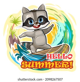Fun cute Raccoon goes in for sports on the water. Surf tube. Summer vacation in tropic ocean. Adventure and travel on wave. Isolated on white background. Cartoon style. Hello summer. Vector.
