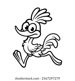 fun cute running bird roadrunner cartoon isolated drawing line art style sketch classic vintage design illustration