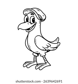 fun cute seagull with hat cartoon character isolated drawing line style sketch classic vintage design illustration