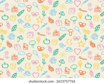 Patrón inconsútil lindo de la diversión de las pegatinas coloridas de los niños, iconos. Los garabatos dibujados a mano dibujan los Elementos de los niños. СElementos de diseño del estilo del dibujo de los niños