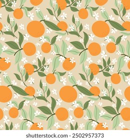 Divertido, lindo, sin patrón de Vector de naranjas, hojas y flores para un sentimiento tropical, fresco. Ideal para la decoración del hogar, papel de regalo, bufandas, ropa, accesorios unisex, bebés y más