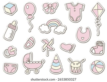 Fun cute set of kids pink stickers, icons. Hand drawn doodles sketch children's elements. Сhildren's draw style design elements