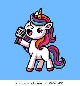 fun cute singing unicorn cartoon colored character isolated drawing line style sketch classic vintage design illustration