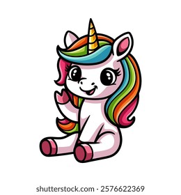 fun cute sitting unicorn colored cartoon character isolated drawing line style sketch classic vintage design illustration