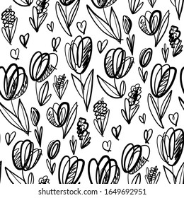 Fun and cute sketch tulip seamless pattern. Creative flower pattern. hand drawn tulip seamless pattern for background, fabric, wrapping paper. stock template design. nature flat spring flower motif
