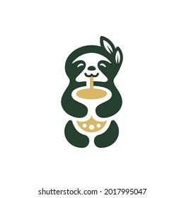 Fun cute sloth drinking colored cartoon symbol logo style line art illustration design vector