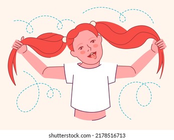 Fun cute small girl make funny face hold ginger stick-out pigtails. Crazy Moose character illustration. Vector playful concept for kids zone, cartoon channel or activity