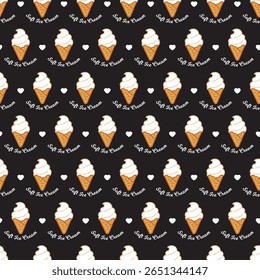 Fun Cute Soft Ice Cream Cones Cold Sweet Pattern. This playful dessert-themed design is perfect for summer food packaging, cafe branding, fabric prints, children decor, and sweet treat backgrounds.