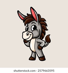 fun cute standing donkey cartoon colored character isolated drawing line style sketch classic vintage design illustration