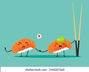 Fun and cute sushi with chopsticks. Japanese food. Vector isolates