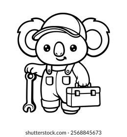 fun cute technician koala worker cartoon character isolated drawing line art style sketch classic vintage design illustration