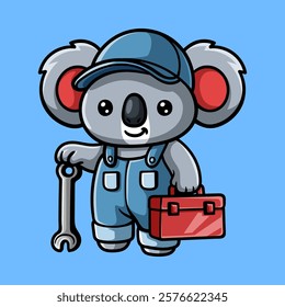 fun cute technician koala worker colored cartoon character isolated drawing line art style sketch classic vintage design illustration