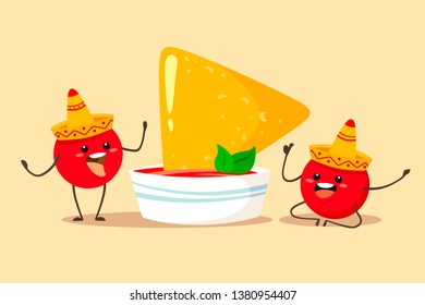 Fun and cute tomatoes in a sombrero with a cup of sauce and nachos chips. Vector illustration in cartoon flat style.