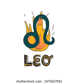 Fun and cute trendy doodle style zodiac sign Leo symbol, icon for your design and print. Hand drawn lettering text. Vector illustration in flat style on isolated background. 