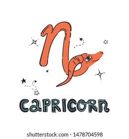 Fun and cute trendy doodle style zodiac sign Capricorn symbol, icon for your design and print. Hand drawn lettering text. Vector illustration in flat style on isolated background. 