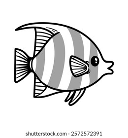 fun cute tropical angelfish fish cartoon character isolated drawing line style sketch classic vintage design illustration