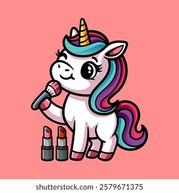 fun cute unicorn doing beauty make up cartoon colored character isolated drawing line style sketch classic vintage design illustration