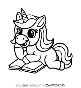 fun cute unicorn reading a book cartoon character isolated drawing line style sketch classic vintage design illustration