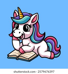 fun cute unicorn reading a book cartoon colored character isolated drawing line style sketch classic vintage design illustration