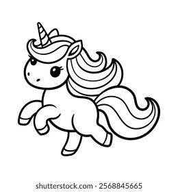 fun cute unicorn running cartoon character isolated drawing line art style sketch classic vintage design illustration