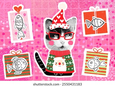 Fun and cute vector cat with ugly Christmas sweater and funny gift boxes, presents with fish, holiday greeting card design concept
