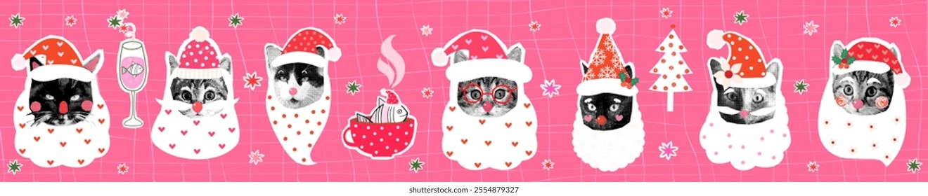 Fun and cute vector hipster Santa Claus cat faces, Halftone collage Christmas kitty faces banner, posters