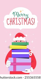 Fun and cute vertical Christmas banner design. Modern style vector flat illustration of a person holding a big pile of wrapped gifts. Merry Christmas greeting card design