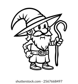 fun cute wizard hold wand cartoon character isolated drawing line art style sketch classic vintage design illustration