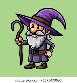 fun cute wizard hold wand colored cartoon character isolated drawing line art style sketch classic vintage design illustration